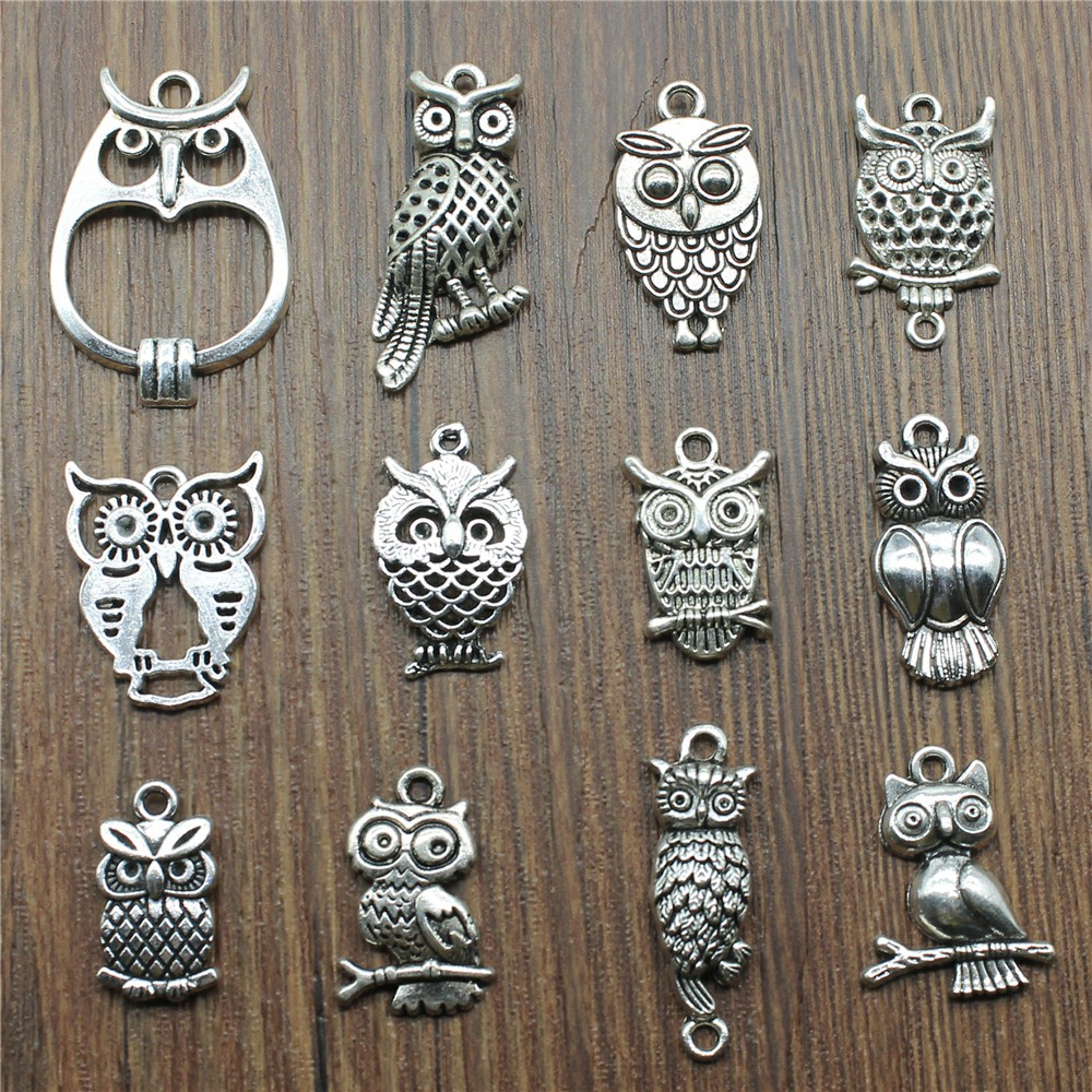 Vintage Fashion Nova - 10 Stück Charms Eule Antik Silber
