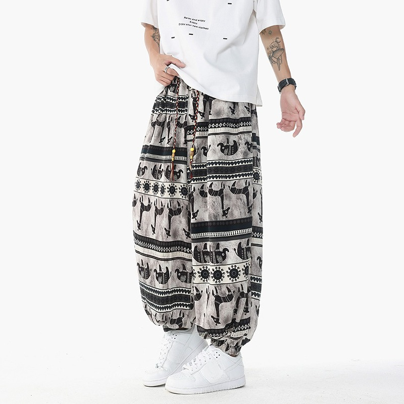 Retro Track Pant - Urlaubsstil, bedruckte, hoch taillierte Kordelzughose, Laternenhose