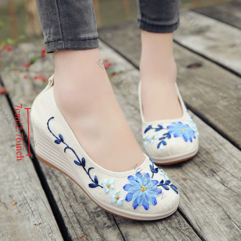 Vintage Fashion Female - Bestickte Damen-Komfort-Keilabsatzschuhe, modische Schleifen-Damenschuhe mit hohen